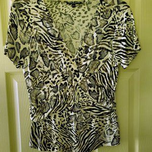 Petite L Stretchy Snake skin Summer Deep V Neck Short Sleeve Black White Print